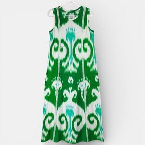 Chicos Size 1 (M) Green Ikat Damask Sleeveless Maxi Dress Cotton Modal Slub Knit